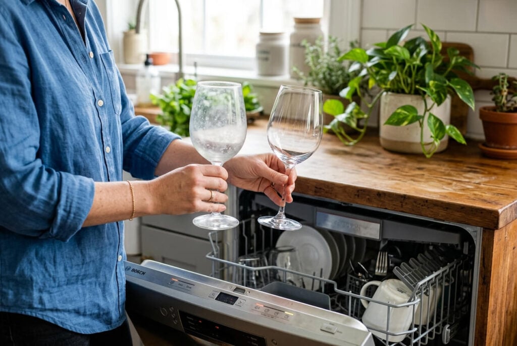 Frau in Berliner Küche mit offenem Geschirrspüler, die ein milchiges und ein klares Weinglas bei harter Wasserhärte in Berlin vergleicht