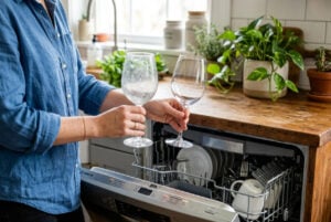 Frau in Berliner Küche mit offenem Geschirrspüler, die ein milchiges und ein klares Weinglas bei harter Wasserhärte in Berlin vergleicht