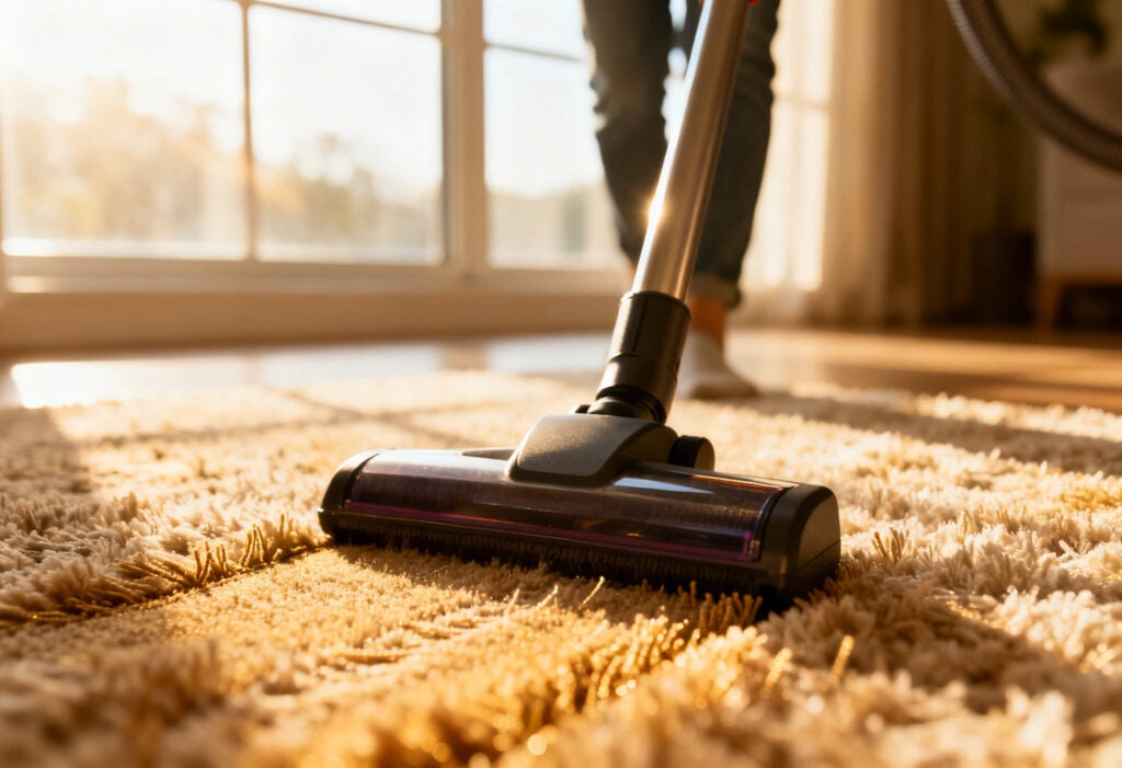 Wie oft kommt eine Putzfrau – Reinigungskraft saugt Teppich im Wohnzimmer