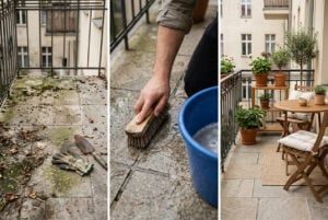 Dreigeteiltes Bild eines Balkons im Vorher-nachher-Stil: links verschmutzt mit Blättern und Grünbelag, in der Mitte bei der Reinigung, rechts sauber und gemütlich eingerichtet.