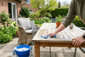 Gartenmöbel aus Holz, Kunststoff, Metall und Rattan werden auf einer hellen Terrasse im Garten gereinigt.