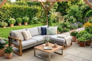 Saubere Gartenpolster liegen auf den Gartenmöbeln einer Terrasse