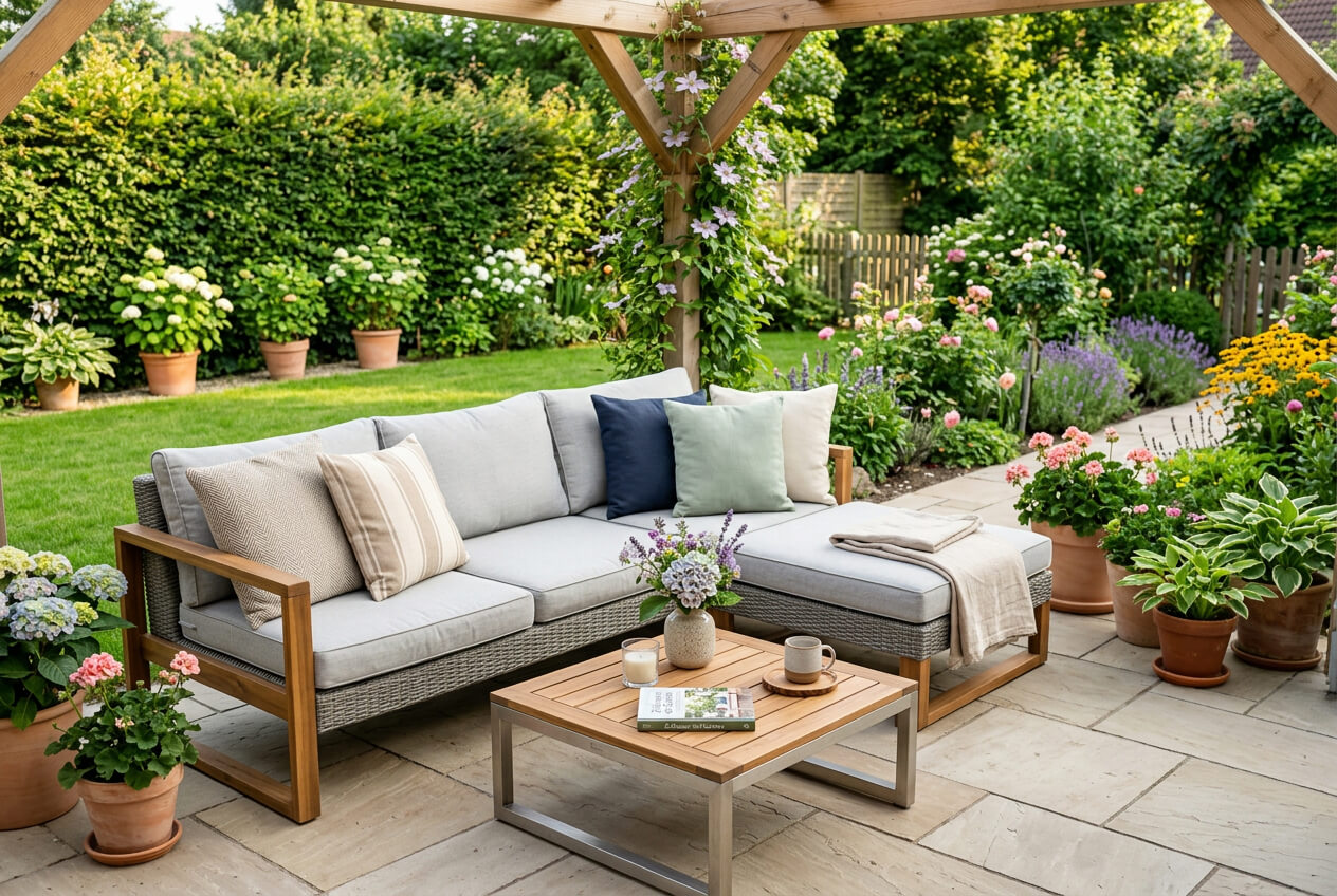 Saubere Gartenpolster liegen auf den Gartenmöbeln einer Terrasse