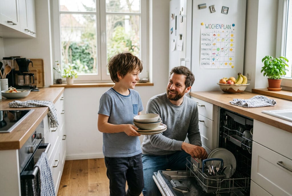 Haushaltsplan für die Familie: Kind räumt Spülmaschine ein