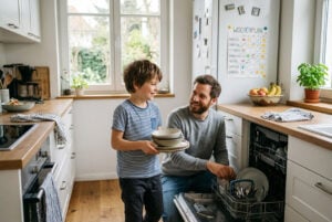 Haushaltsplan für die Familie: Kind räumt Spülmaschine ein