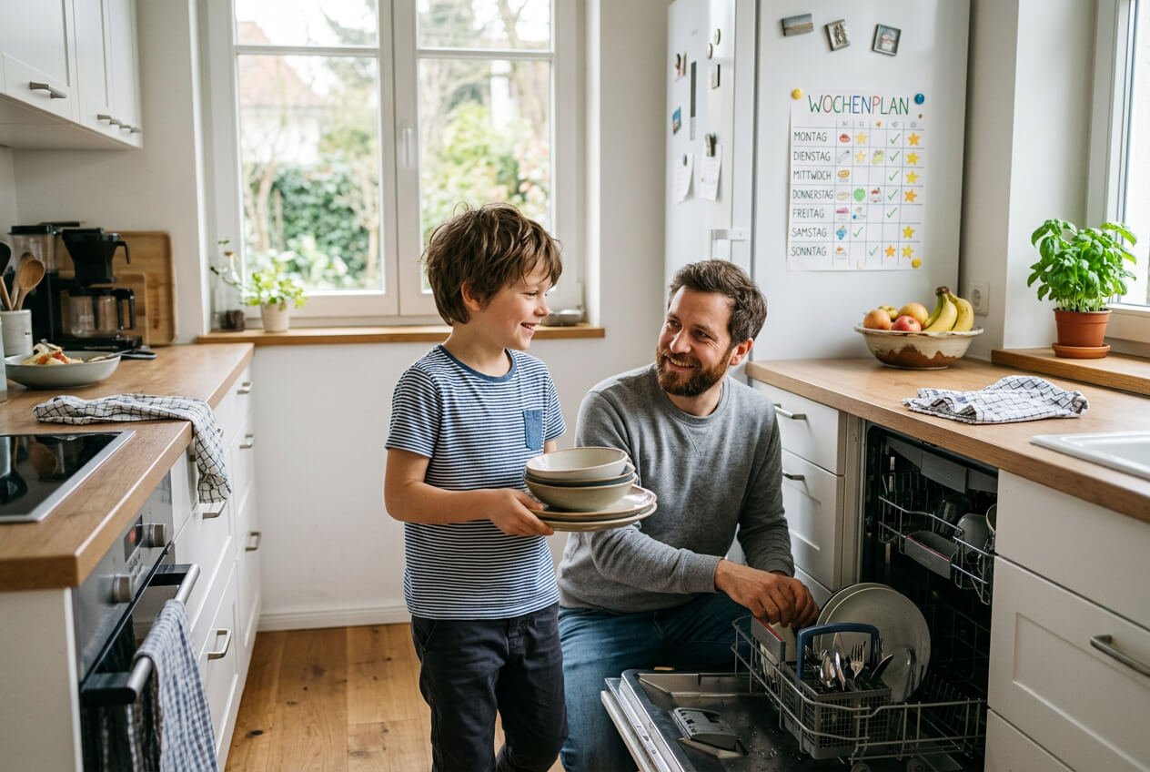 Haushaltsplan für die Familie: Kind räumt Spülmaschine ein