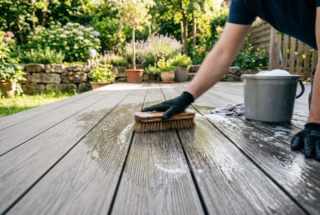 Holzterrasse wird mit einer Bürste gereinigt und geschrubbt, daneben steht ein Eimer mit Wasser und Schaum