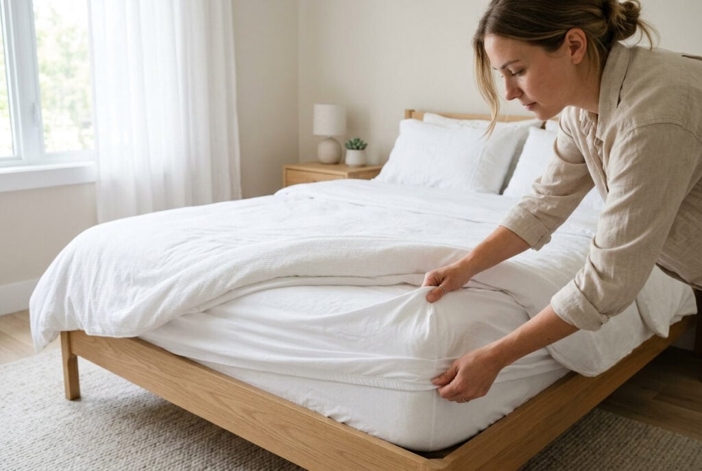 Milben und Bettwanzen erkennen: Frau zieht Laken von Matratze ab
