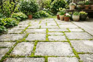 Moos von Steinen entfernen – typische Verschmutzung mit Moos in Fugen, die regelmäßig gereinigt werden sollte