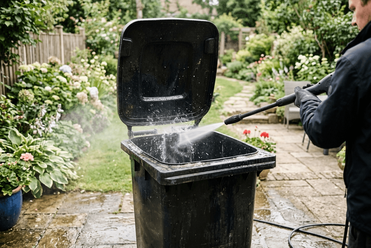 Mülltonne wird gereinigt mit einem Hochdruckreiniger