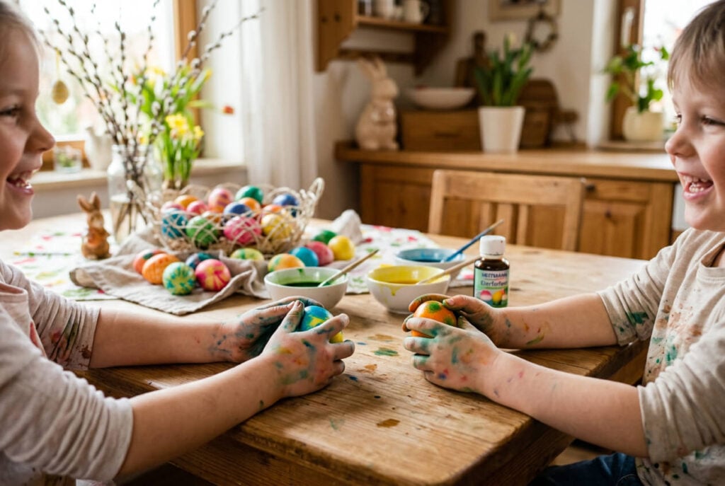 Zwei lachende Kinder sitzen an einem Holztisch mit bunten Eiern und Farbtöpfen. Ihre Hände sind stark mit Eierfarbe verschmiert, sie müssen nun die Ostereierfarbe entfernen.