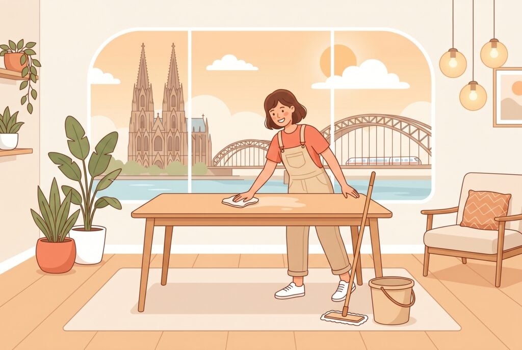 Illustration einer Reinigungskraft in einer modernen Wohnung in Köln mit Blick auf den Kölner Dom – Putzfrau Stundenlohn Köln