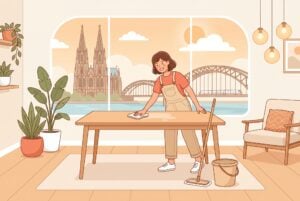 Illustration einer Reinigungskraft in einer modernen Wohnung in Köln mit Blick auf den Kölner Dom – Putzfrau Stundenlohn Köln