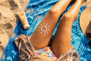 Zwei gebräunte Beine auf einem blauen Strandtuch, auf denen Sonnencreme in Form einer Sonne (Kreis mit kleinen Punkten als Strahlen) aufgetragen ist, daneben eine Sonnencreme-Tube im warmen Sonnenlicht