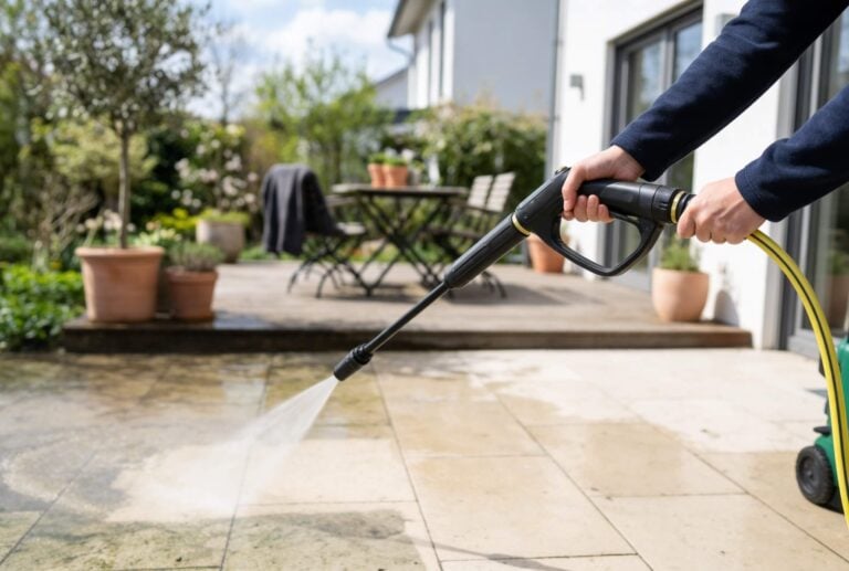 Terrasse reinigen mit Hochdruckgerät, Fliesen werden abgespritzt