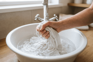 Weisses T-Shirt wird unter einem fliessenden Wasserhahn ausgewaschen