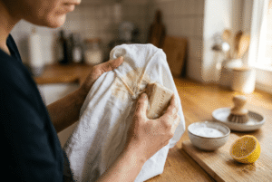 Deoflecken mit Gallseife aus weißem T-Shirt entfernen