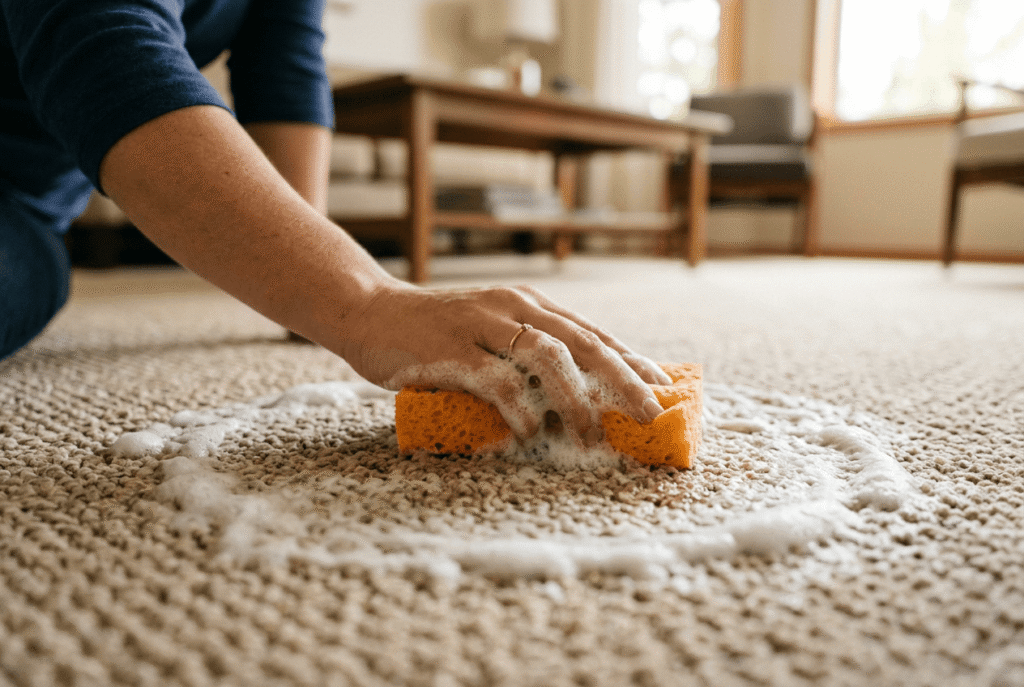 Blutflecken aus Teppich mit Schwamm und Seifenlauge entfernen