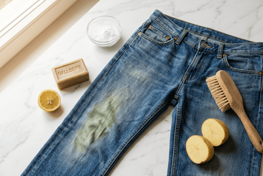 Hausmittel, wie Gallseife, Zitrone, Kartoffel liegen neben einer Jeans um Grasflecken auf der Jeans zu entfernen