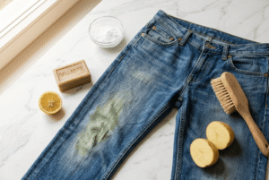 Hausmittel, wie Gallseife, Zitrone, Kartoffel liegen neben einer Jeans um Grasflecken auf der Jeans zu entfernen