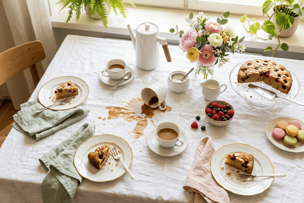Kaffeeflecken auf einem gedeckten Tisch mit Kuchen