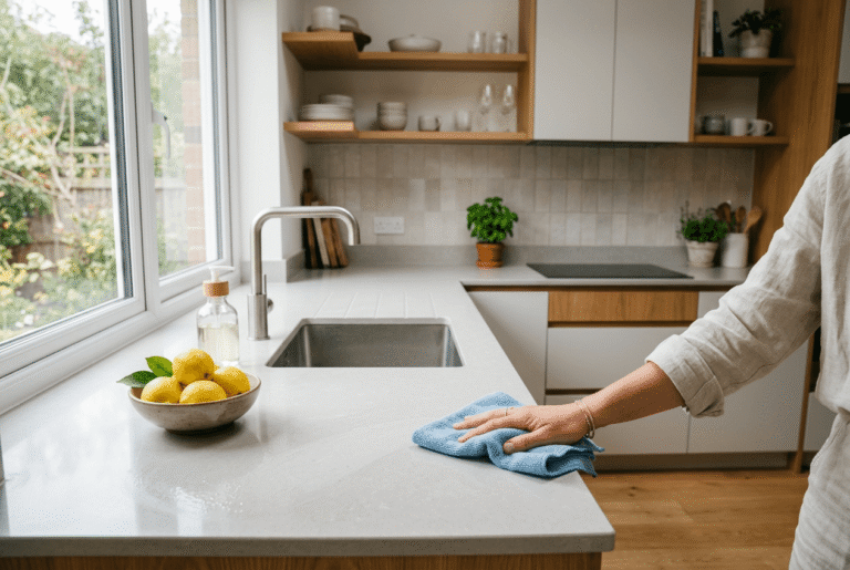 Eine Küchenarbeitsfläche wird mit einem Tuch abgewischt um die Küche zu reinigen