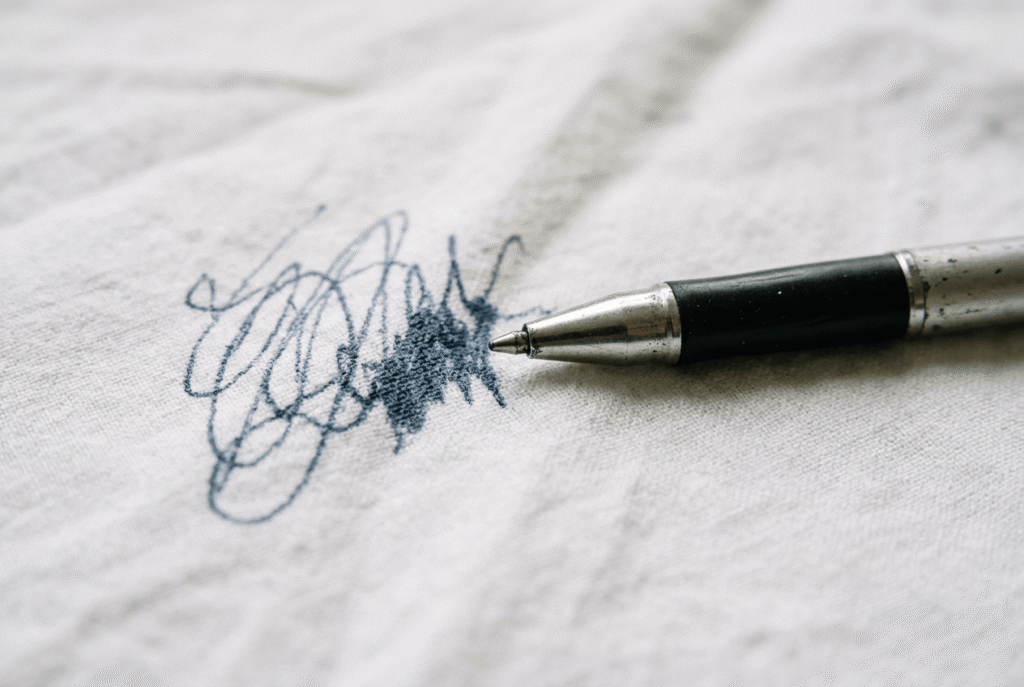 Kugelschreiber-Fleck auf weißem Stoff – ein aufgeklappter Kugelschreiber liegt neben einem frischen Tintenfleck auf hellem Textil.
