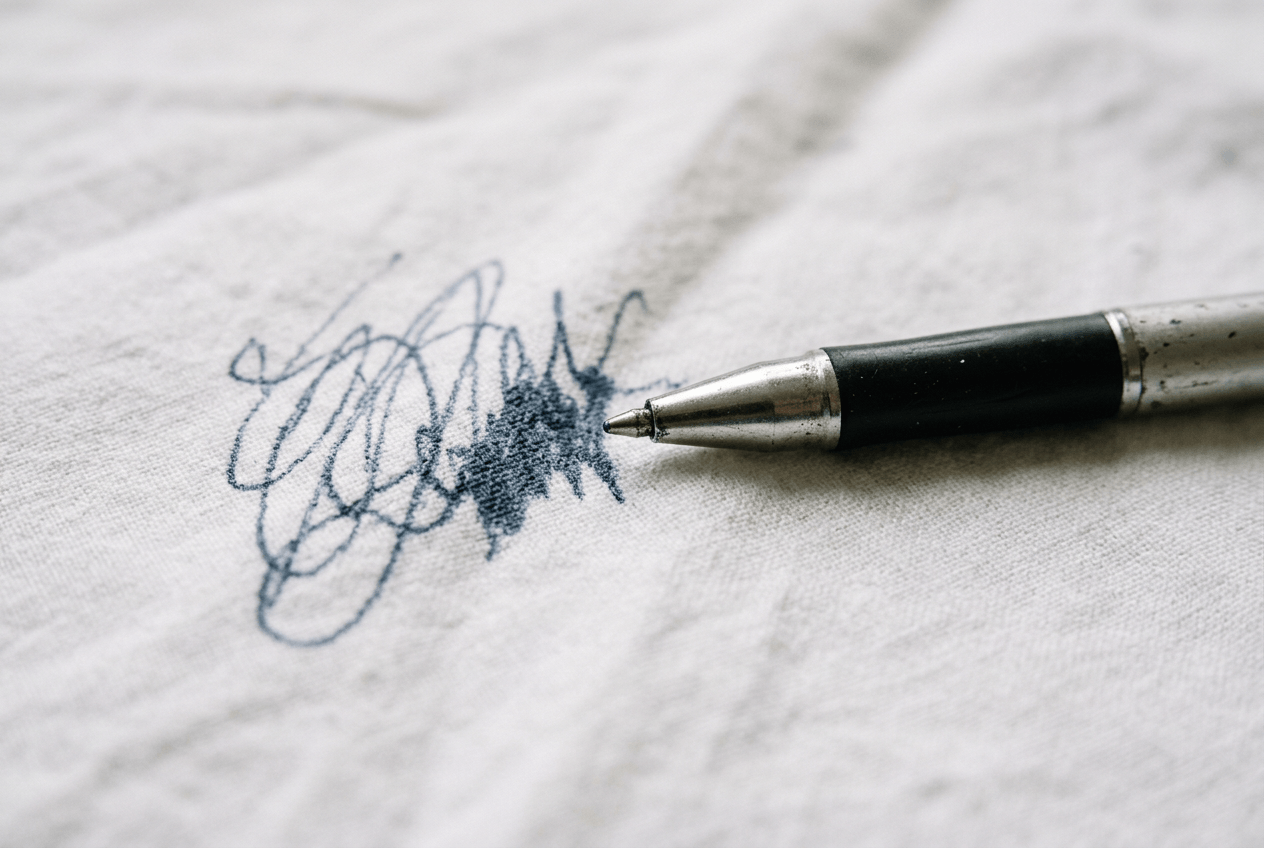 Kugelschreiber-Fleck auf weißem Stoff – ein aufgeklappter Kugelschreiber liegt neben einem frischen Tintenfleck auf hellem Textil.
