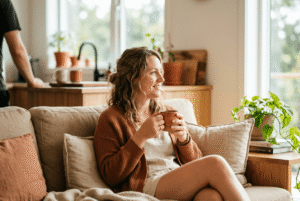 Frau sitzt mit Kaffeetasse auf Sofa und ruht sich aus, im Hintergrund putzt eine Haushaltshilfe