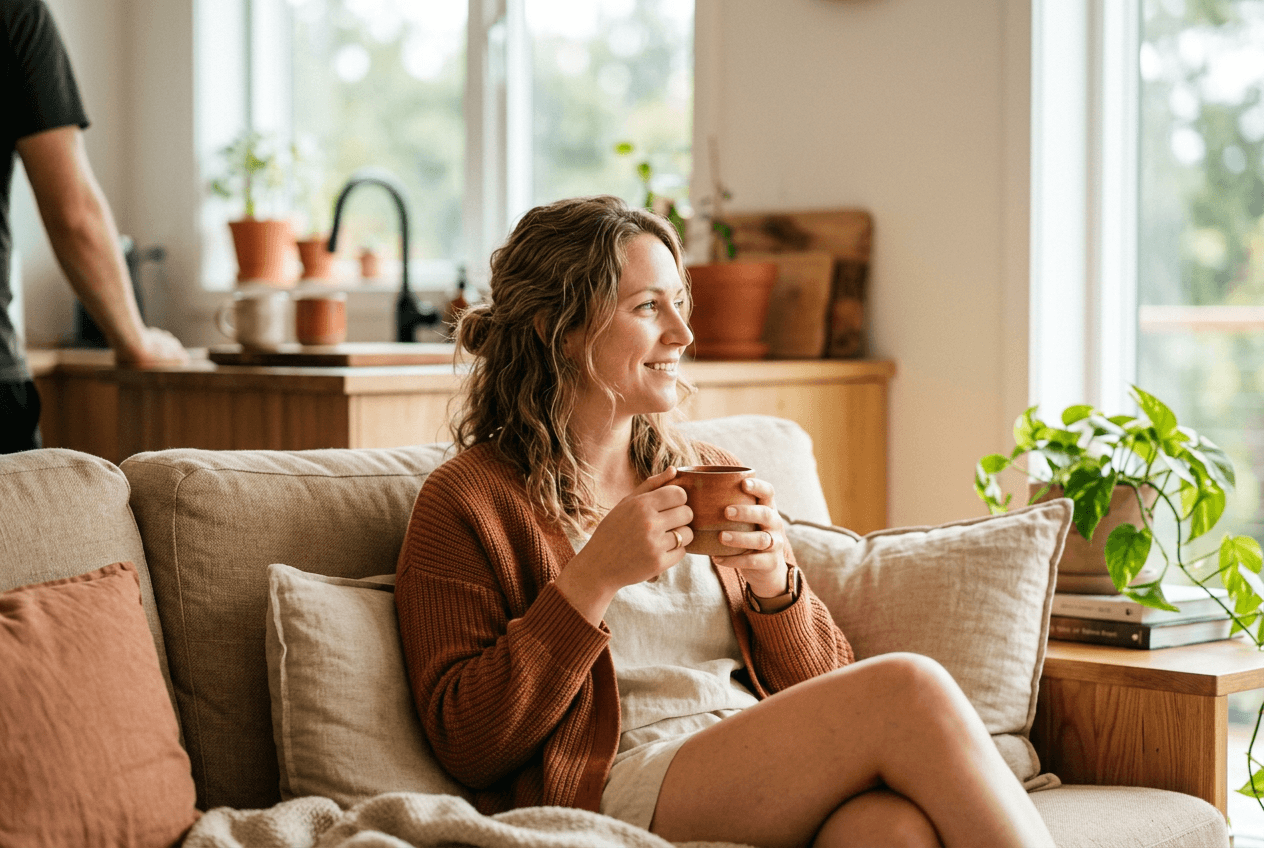 Frau sitzt mit Kaffeetasse auf Sofa und ruht sich aus, im Hintergrund putzt eine Haushaltshilfe