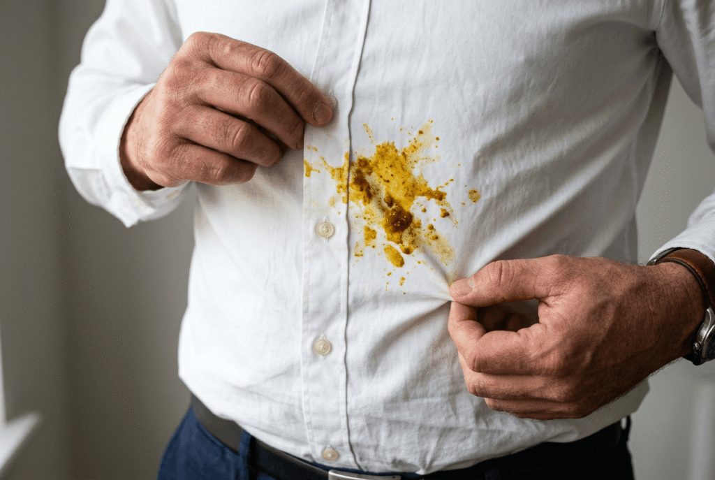 Curryflecken entfernen – frischer gelber Curry-Fleck auf weißem Hemd 