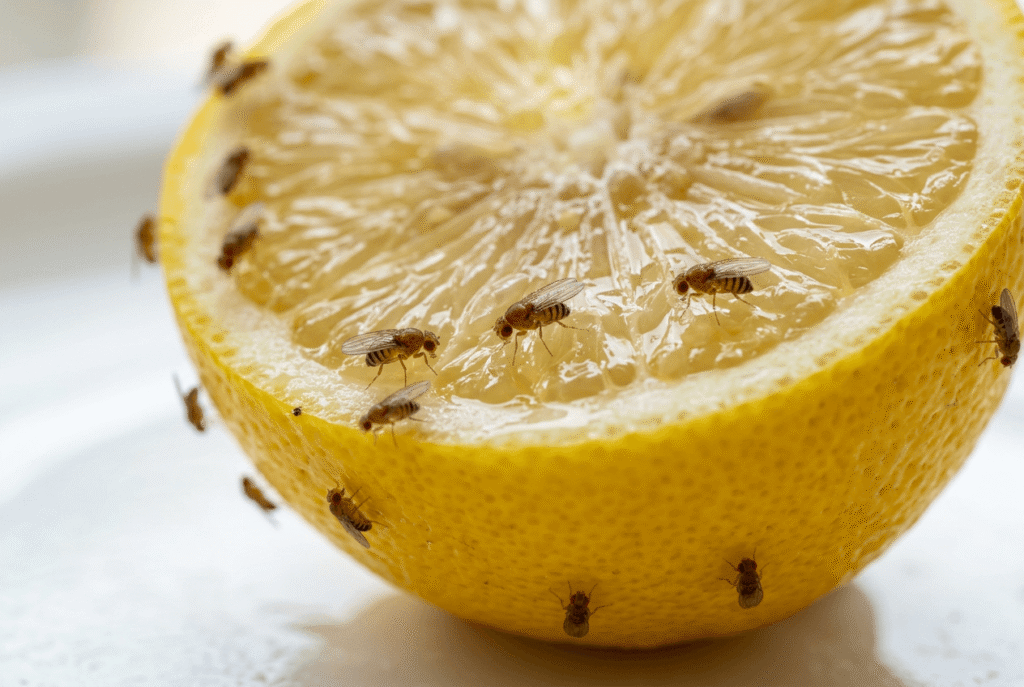 Fruchtfliegen auf einer Zitrone