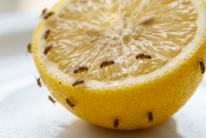 Fruchtfliegen auf einer Zitrone