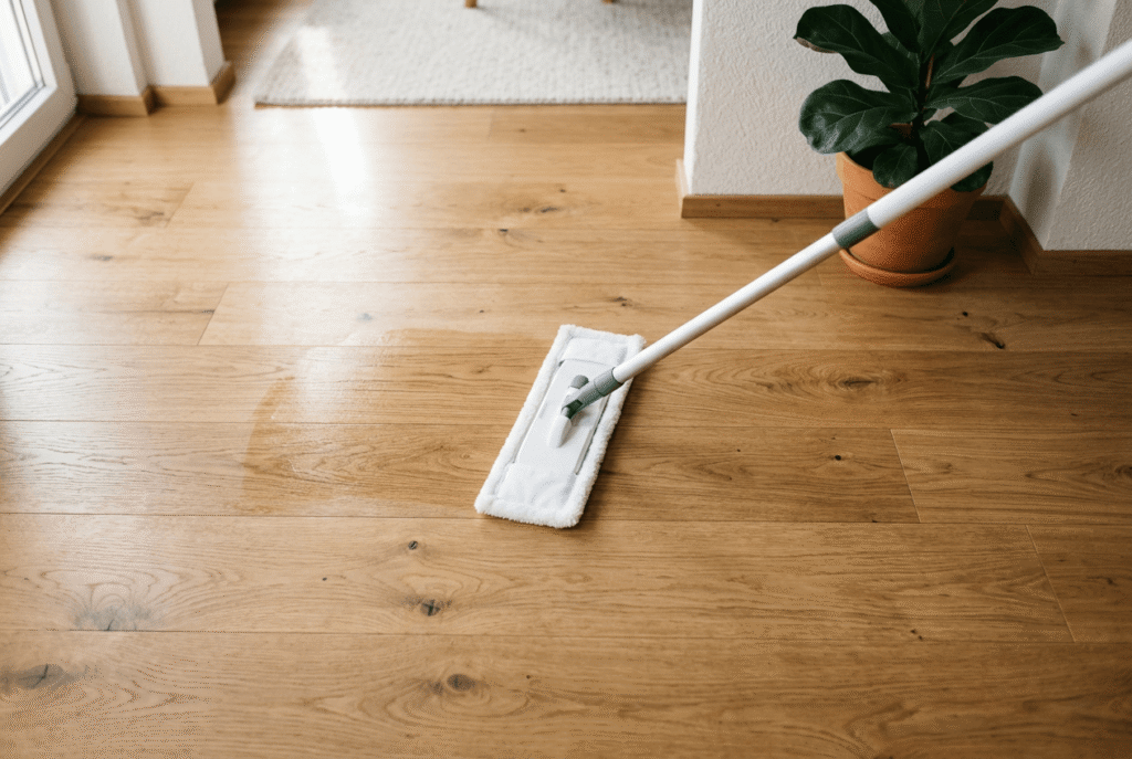 Mikrofaserwischer gleitet über hellen Laminatboden in einem modernen, lichtdurchfluteten Raum