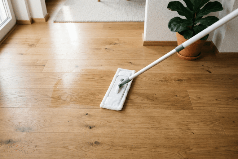 Mikrofaserwischer gleitet über hellen Laminatboden in einem modernen, lichtdurchfluteten Raum