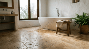 Steinboden reinigen im Badezimmer – Natursteinboden mit sichtbarer Struktur und Wassertropfen