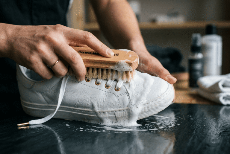 Schuhe werden gereinigt mit einer Bürste