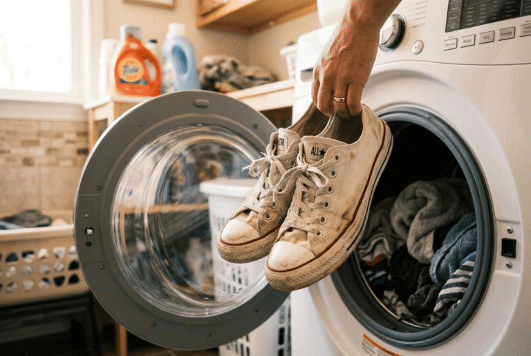 Hand hält weiße Stoffturnschuhe vor die offene Trommel einer Waschmaschine