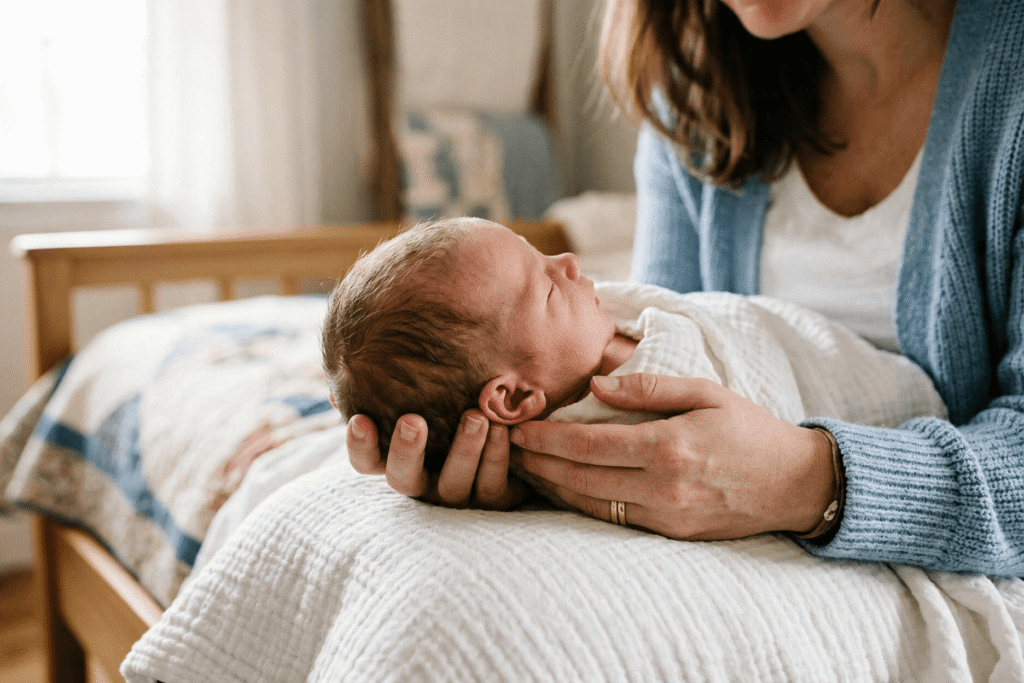 Mutter hält Neugeborenes in der Hand auf dem Bett