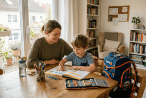 Mutter hilft ihrem Sohn bei den Hausaufgaben am Esstisch
