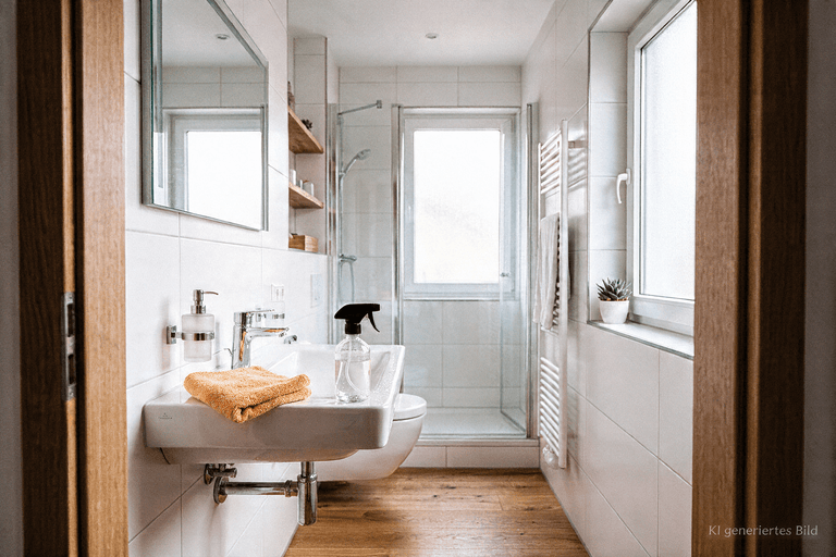 Badezimmer mit Wischlappen auf dem Waschbecken, bereit zum Bad reinigen.
