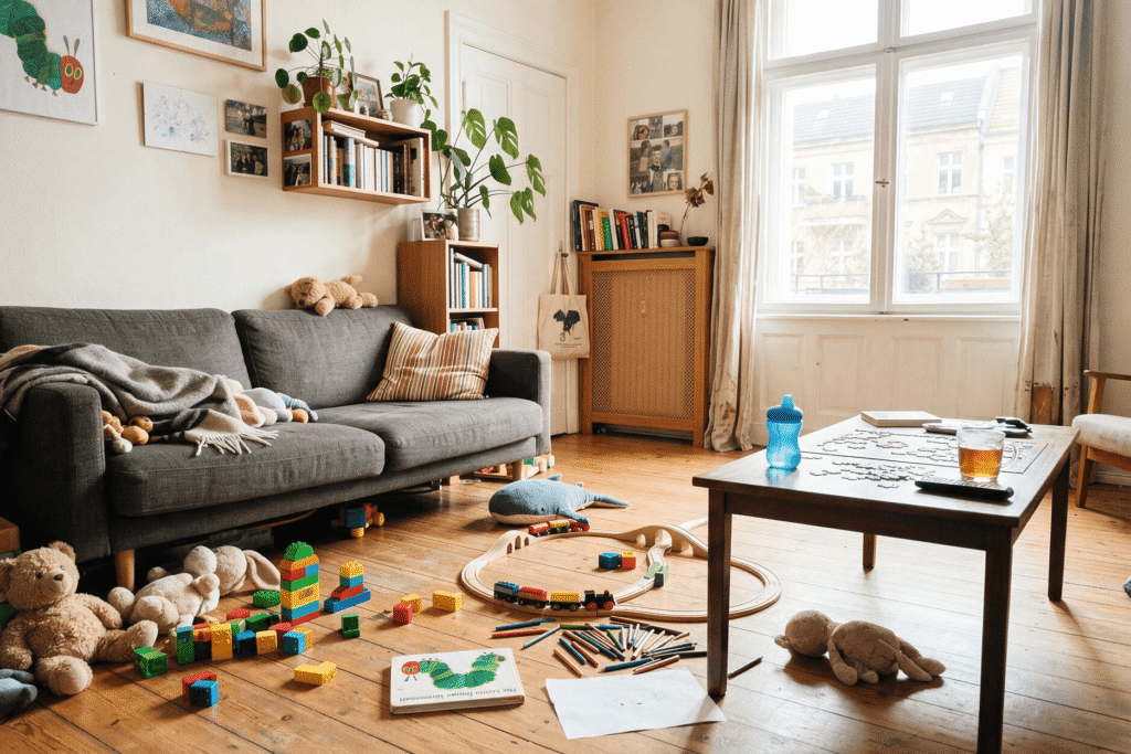 Haushalt organisieren: Wohnzimmer voller Spielzeug, das herum liegt