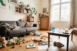 Haushalt organisieren: Wohnzimmer voller Spielzeug, das herum liegt