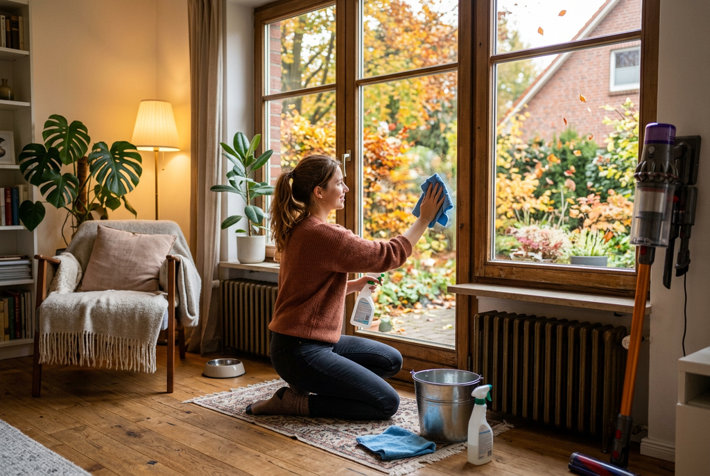 Frau beim Herbstputz am Fenster mit Staubsauger und Putzutensilien in einem Wohnzimmer