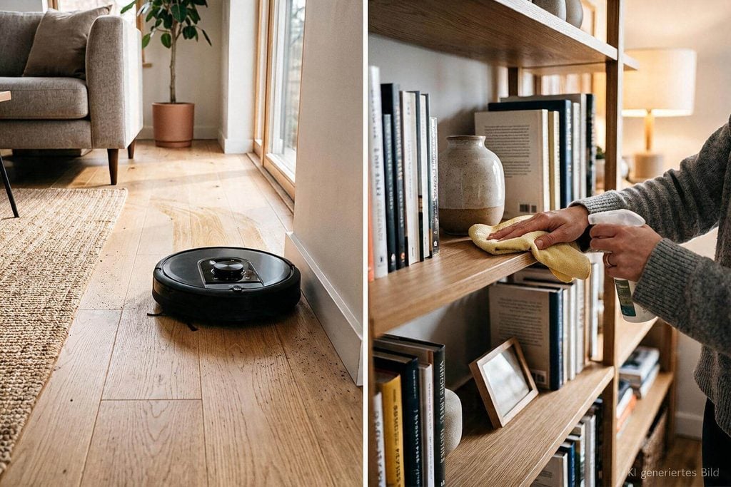Saugroboter saugt das Wohnzimmer, Reinigungskraft wischt Staub auf dem Regal
