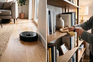 Saugroboter saugt das Wohnzimmer, Reinigungskraft wischt Staub auf dem Regal