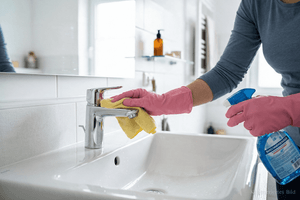 Putzfrau reinigt ein Waschbecken und den Wasserhahn
