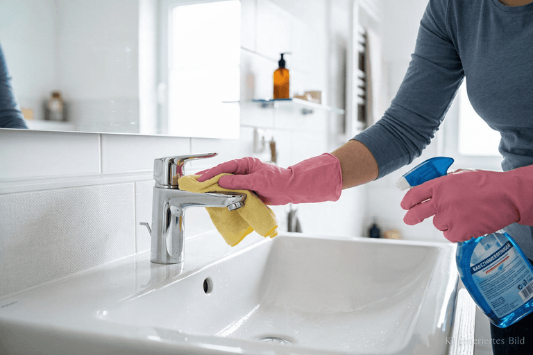 Putzfrau reinigt ein Waschbecken und den Wasserhahn