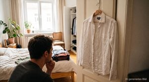 Mann sitzt vor zerknittertem Hemd und denkt darüber nach, wie er bügeln ohne Bügeleisen kann