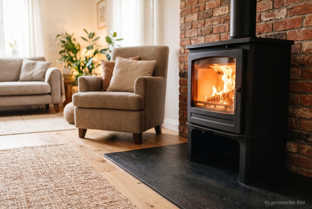 Ein Feuer brennt in einem sauberen Kamin in einem Wohnzimmer